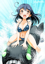 Rule 34 | 10s, 1girl, abyssal ship, adapted costume, ahoge, bare shoulders, bikini, black hair, blue bikini, blush, bow, bow bikini, bow bra, bra, breasts, brown eyes, collarbone, emphasis lines, female focus, flying sweatdrops, glowing, glowing eyes, gradient background, i-class destroyer, kantai collection, large breasts, long hair, looking at viewer, navel, open mouth, outdoors, polka dot, polka dot bikini, polka dot swimsuit, riding, screaming, sogabe toshinori, solo, splashing, striped, striped background, swimsuit, tears, teeth, twitter username, underwear, ushio (kancolle), water