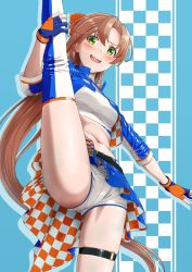 Rule 34 | 1girl, akigumo (kancolle), alternate costume, blush, brown hair, crop top, cropped jacket, fingerless gloves, gloves, green eyes, highres, jacket, kantai collection, leg lift, long hair, midriff, mikan 29344886, navel, open clothes, open jacket, open mouth, ponytail, race queen, short shorts, shorts, smile, solo, split, standing, standing on one leg, standing split, thigh strap, thighhighs, white jacket, white shorts