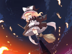 Rule 34 | 1girl, belt, blonde hair, boots, bow, bowtie, braid, broom, female focus, full body, hat, hat ribbon, kirisame marisa, long hair, outdoors, ribbon, sky, solo, tokiame, touhou, witch, witch hat, yellow eyes