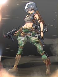 Rule 34 | 1girl, battlefield, belt, belt pouch, boots, braid, breasts, brown belt, brown footwear, camouflage, camouflage pants, closed mouth, collaboration, commentary request, drum magazine, dual wielding, explosive, full body, green pants, grenade, grey eyes, grey hair, gun, holding, holding gun, holding weapon, kitsunerider, long hair, looking to the side, magazine (weapon), medium breasts, military, navel, original, pants, pouch, side braid, single braid, smoke, smoking gun, solo, standing, stggc, submachine gun, thick eyebrows, v-shaped eyebrows, weapon