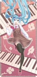 Rule 34 | 1girl, aqua eyes, aqua hair, bib (bibboss39), black thighhighs, blush, bow, brown dress, dress, floating hair, flower, full body, hat, hatsune miku, highres, long hair, looking at viewer, mary janes, musical note, nail polish, necktie, open mouth, piano keys, pink footwear, shoes, skirt hold, solo, thighhighs, twintails, very long hair, vocaloid