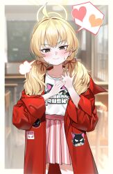 Rule 34 | 1girl, :&gt;, absurdres, ahoge, blonde hair, blue archive, blurry, blurry background, blush, brown eyes, closed mouth, commentary request, hair ribbon, halo, heart, highres, jacket, joacy, korean commentary, logo, looking ahead, low twintails, official alternate costume, official alternate hairstyle, open clothes, open jacket, pink skirt, pleated skirt, print shirt, red jacket, red ribbon, ribbon, shirt, shirt tucked in, skirt, solo, spoken heart, sweat, twintails, white shirt, yellow halo, yoshimi (band) (blue archive), yoshimi (blue archive)