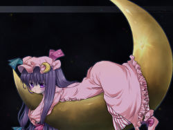 Rule 34 | 1girl, akino ochiba, blush, crescent, crescent moon, female focus, hat, long hair, lying, moon, on stomach, patchouli knowledge, purple eyes, purple hair, robe, solo, straddling, themed object, touhou, wallpaper