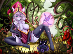 Rule 34 | 1girl, animal, animal ears, bare shoulders, black legwear, blue eyes, blush, breasts, hat, highres, large breasts, league of legends, long hair, looking at viewer, lulu (league of legends), aged up, outdoors, pix (league of legends), purple hair, solo, torahime (roland00)