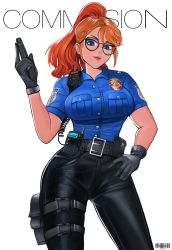 Rule 34 | 1girl, absurdres, belt, black belt, black gloves, black pants, blue eyes, breasts, commentary, commission, english commentary, eyebrows hidden by hair, glasses, gloves, gun, hand on own hip, handgun, head tilt, highres, holding, holding gun, holding weapon, hommie-k9k9, large breasts, looking down, original, pants, pistol, police, police uniform, policewoman, solo, thigh strap, uniform, walkie-talkie, weapon