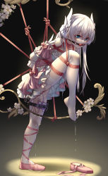 Rule 34 | 1girl, ball gag, ballerina, ballet slippers, bdsm, benghuai xueyuan, blue eyes, bondage, bound, dildo, dress, feet, from side, gag, gagged, ginklaga, highres, honkai (series), honkai impact 3rd, long hair, looking at viewer, low ponytail, object insertion, pantyhose, pussy juice, restrained, sex toy, shibari, silver hair, solo, standing, standing on one leg, strap-on, theresa apocalypse, toes, vaginal, vaginal object insertion, vibrator, vibrator under clothes, white pantyhose, wiffle gag