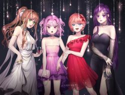 Rule 34 | 4girls, :d, alcohol, alternate costume, alternate hair ornament, armlet, artist name, bare arms, bare shoulders, black dress, blue eyes, bow, breasts, brown hair, choker, collarbone, commentary, crystal earrings, cup, d:, doki doki literature club, dress, drinking glass, earrings, english commentary, fang, glint, green eyes, hair bow, hair ornament, hair ribbon, hairclip, hand on own hip, highres, jewelry, lipstick, long hair, looking at viewer, makeup, medium breasts, monika (doki doki literature club), multiple girls, nail polish, natsuki (doki doki literature club), open mouth, pink dress, pink eyes, pink hair, ponytail, potetos7, purple choker, purple eyes, purple hair, purple nails, red bow, red dress, red nails, ribbon, ring, sayori (doki doki literature club), short hair, side slit, sideboob, sidelocks, single bare shoulder, skirt hold, smile, star (symbol), strapless, two side up, very long hair, white dress, white ribbon, wine, wine glass, yuri (doki doki literature club)