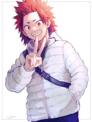 Rule 34 | 1boy, adcalcium, alternate costume, boku no hero academia, coat, commentary request, cowboy shot, grin, hand in pocket, highres, kirishima eijirou, long sleeves, looking at viewer, male focus, red eyes, red hair, sharp teeth, short hair, signature, simple background, smile, solo, spiked hair, standing, teeth, v, white background, white coat