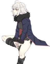 Rule 34 | 1girl, ahoge, black dress, black footwear, blue coat, blush, boots, clenched teeth, coat, collarbone, dress, fate/apocrypha, fate/grand order, fate (series), fur-trimmed coat, fur-trimmed sleeves, fur trim, hair between eyes, jeanne d&#039;arc (fate), jeanne d&#039;arc alter (fate), jeanne d&#039;arc alter (ver. shinjuku 1999) (fate), knee boots, looking at viewer, looking to the side, michihasu, official alternate costume, open clothes, open coat, parted lips, short dress, silver hair, simple background, sitting, solo, teeth, white background, wicked dragon witch ver. shinjuku 1999, yellow eyes