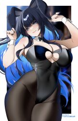 Rule 34 | 1girl, absurdres, animal ears, bare shoulders, black hair, black leotard, blue eyes, blue hair, blush, bow, bowtie, breasts, brown pantyhose, cleavage, colored inner hair, covered navel, detached collar, highleg, highleg leotard, highres, large breasts, leotard, long hair, looking at viewer, multicolored hair, original, pantyhose, playboy bunny, rabbit ears, reiko (tofuubear), smile, solo, thighs, tofuubear, wrist cuffs