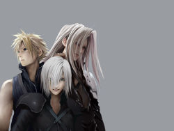 Rule 34 | 00s, 1990s (style), 3boys, armor, artist request, asymmetrical clothes, bare shoulders, black coat, blonde hair, blue eyes, closed mouth, cloud strife, coat, expressionless, final fantasy, final fantasy vii, final fantasy vii advent children, grey background, hair over one eye, kadaj, lips, looking at viewer, looking to the side, male focus, multiple boys, retro artstyle, sephiroth, shaded face, shihira tatsuya, shoulder pads, silver hair, simple background, sleeveless, smile, smug, spiked hair, upper body, wallpaper, zipper