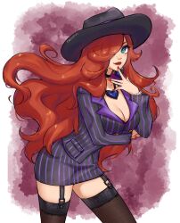 Rule 34 | 1girl, artist name, black choker, black headwear, black jacket, black skirt, breasts, brown thighhighs, choker, cleavage, cowboy shot, crime city miss fortune, freckles, garter straps, hair over one eye, hand up, heart, heart necklace, highres, jacket, jewelry, large breasts, league of legends, leaning forward, long hair, long sleeves, miss fortune (league of legends), nanumn, necklace, red background, red hair, red nails, skirt, solo, striped clothes, striped jacket, striped skirt, thighhighs, white background
