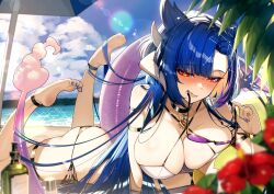 Rule 34 | 1girl, absurdres, beach, bikini, blue hair, blush, breasts, choker, cloud, cluseller, commentary, day, dragon girl, dragon horns, dragon tail, english commentary, flower, highres, horns, indie virtual youtuber, large breasts, long hair, looking at viewer, lying, multiple horns, on stomach, open mouth, outdoors, sand, second-party source, solo, sunglasses, swimsuit, tail, teeth, thigh strap, tongue, very long hair, vienna (vtuber), vienna (vtuber) (3rd costume), virtual youtuber, water