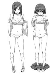 Rule 34 | 2girls, bare shoulders, blush, bow, bow panties, bra, breasts, clothes pull, dress shirt, flat chest, greyscale, hair ornament, hairclip, kneehighs, large breasts, lingerie, long hair, miniskirt, monochrome, multiple girls, naruko hanaharu, navel, no pants, off shoulder, open clothes, open shirt, original, panties, shirt, shoes, short hair, simple background, sketch, skirt, skirt pull, smile, smirk, sneakers, socks, standing, sweatdrop, underwear, undressing, white background