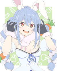 Rule 34 | 1girl, absurdres, animal ear fluff, animal ears, arm garter, black gloves, black leotard, blue hair, bow, braid, breasts, carrot hair ornament, cleavage, commentary, don-chan (usada pekora), dress, food-themed hair ornament, fur-trimmed gloves, fur scarf, fur trim, gloves, green background, hair between eyes, hair ornament, hair ribbon, hands in hair, highres, hololive, leotard, light blue hair, long hair, looking at viewer, medium breasts, multicolored hair, open mouth, oshimaidebu, patterned background, pom pom (clothes), rabbit-shaped pupils, rabbit ears, red eyes, ribbon, simple background, smile, solo, strapless, strapless dress, symbol-only commentary, symbol-shaped pupils, thick eyebrows, tress ribbon, twin braids, twintails, two-tone hair, upper body, usada pekora, usada pekora (1st costume), virtual youtuber, white bow, white dress, white hair