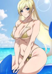 Rule 34 | 1girl, ashiomi masato, bare shoulders, bikini, blonde hair, blue eyes, blue sky, breasts, cleavage, closed mouth, cloud, dolphin, guilty gear, guilty gear strive, hair down, large breasts, light rays, long hair, looking at viewer, millia rage, navel, ocean, skindentation, sky, sly, solo, sparkle, sun, sunbeam, sunlight, swimsuit, thighs, twitter username, very long hair
