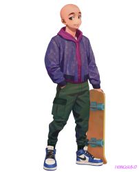 Rule 34 | 1boy, air jordan, air jordan 1, alternate costume, bald, commentary, dragon ball, green eyes, hand in pocket, highres, holding, holding skateboard, hongcasso, hood, hood down, hoodie, kuririn, male focus, nike (company), parted lips, patterned, patterned clothing, shoes, signature, simple background, skateboard, smile, sneakers, solo, standing, streetwear, white background