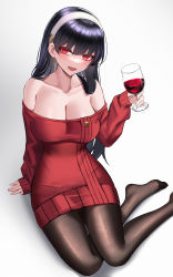 Rule 34 | 1girl, absurdres, bare shoulders, black hair, blush, breasts, cleavage, collarbone, drunk, eternity (shadeh), hairband, highres, large breasts, long hair, long sleeves, looking at viewer, open mouth, pantyhose, red eyes, sidelocks, smile, solo, spy x family, thighs, yor briar