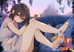 Rule 34 | 1girl, absurdres, animal, bare arms, bare legs, bird, black hair, castle, cinderella, commentary request, couch, feet, glass slipper, high heels, highres, kodama (koda mat), legs, looking at viewer, mouse (animal), orange hair, original, see-through, short hair, soles, toes, transparent, transparent footwear