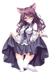 Rule 34 | 1girl, absurdres, animal ears, black necktie, black panties, blush, breasts, brown skirt, buttons, cat ears, closed mouth, clothes lift, collared shirt, cowboy shot, extra ears, eyelashes, glasses, hair between eyes, highres, hinoki yuu, holding, leg up, lifted by self, long hair, long sleeves, looking at viewer, medium breasts, necktie, original, panties, pantyshot, purple eyes, purple hair, shirt, simple background, skindentation, skirt, skirt hold, skirt lift, skirt set, smile, solo, standing, standing on one leg, thighhighs, underwear, wavy hair, white background, white thighhighs