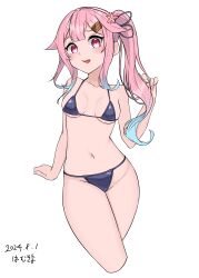 Rule 34 | 1girl, absurdres, artist name, bikini, black bikini, blue hair, breasts, cowboy shot, cropped legs, crossed legs, dated, gradient hair, hair flaps, hair ornament, hairclip, hamukiyo, harusame (kancolle), highres, kantai collection, long hair, multicolored hair, pink hair, red eyes, side ponytail, simple background, small breasts, smile, solo, swimsuit, watson cross, white background