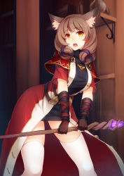 Rule 34 | 1girl, animal ears, blush, breasts, brown gloves, brown hair, capelet, crystal, dress, female focus, fingerless gloves, fox ears, gloves, glowing, highres, large breasts, long hair, looking at viewer, open mouth, pyromancer (tree of savior), ribbed dress, ricegnat, round teeth, solo, staff, teeth, thighhighs, tree of savior, white thighhighs, wizard (tree of savior), yellow eyes