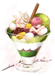 Rule 34 | 1girl, bare arms, bare legs, bare shoulders, barefoot, blunt bangs, branch, breasts, character request, chobipero, commentary request, cup, dated, drinking glass, feet up, flower, food, food request, hairband, ice cream, in container, in cup, in food, looking at viewer, lying, medium hair, mini person, minigirl, mochi, on stomach, one-piece swimsuit, petals, pink flower, pink hair, red bean ice cream, red eyes, red one-piece swimsuit, red sweater, smile, soft serve, solo, sweater, swimsuit, tenka hyakken, the pose, wafer stick, white background, white flower
