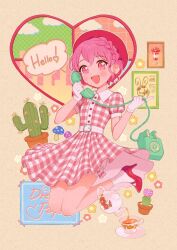 Rule 34 | 1boy, :d, belt, bloomers, blush, braid, cactus, commentary request, cup, dress, english text, flower, full body, gloves, hat, heart, high heels, holding, holding phone, looking at viewer, male focus, midair, mushroom, open mouth, oshiri (o4ritarou), phone, picture frame, pink eyes, pink hair, pretty series, pripara, rabbit, red footwear, reona west, short hair, smile, socks, solo, speech bubble, tea, teacup, teapot, trap, underwear, usagi (pripara), white gloves, white socks