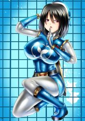 Rule 34 | 1girl, abs, black hair, bodysuit, breasts, cosplay, cosplay request, covered erect nipples, full body, hat, highres, huge breasts, hurricane blue, kantai collection, kogawawaki, legs, looking at viewer, ninpuu sentai hurricanger, nono nanami, open mouth, power rangers, red eyes, short hair, solo, squatting, super sentai, takao (kancolle), tight clothes