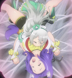 Rule 34 | 2girls, anime screenshot, breasts, closed eyes, futoku no guild, highres, hitamu kyan, interlocked fingers, large breasts, long hair, maidena angers, missionary, multiple girls, open mouth, purple hair, screencap, sexually suggestive, short shorts, shorts, silk, spider web, stitched, tearing up, thighhighs, thighs, third-party edit, white hair, yuri, zettai ryouiki