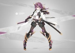 Rule 34 | 1girl, alternate costume, armor, azur lane, blush, breasts, character name, commentary request, highres, holding, holding sword, holding weapon, horns, izumo (azur lane), katana, kuroba chihiro, large breasts, light blush, light frown, long hair, oni horns, pointy ears, purple eyes, purple hair, scabbard, sheath, solo, sword, weapon