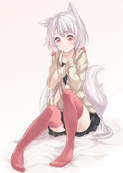 Rule 34 | 1girl, animal ears, bad id, bad pixiv id, collarbone, fox ears, fox tail, gradient background, hands on own chest, jacket, long hair, long sleeves, no shoes, original, pink eyes, pink thighhighs, ray-akila, shirt, silver hair, simple background, sitting, skirt, smile, solo, tail, thighhighs, twintails, very long hair, zettai ryouiki, zipper