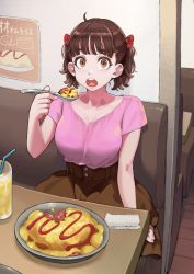 Rule 34 | 1girl, ahoge, booth seating, breasts, brown eyes, brown hair, brown skirt, cleavage, commentary, cowboy shot, cup, drink, drinking straw, eating, eyelashes, food, hair ribbon, holding, holding spoon, jun (navigavi), looking at viewer, medium breasts, miniskirt, omelet, omurice, open mouth, original, pink shirt, plate, red ribbon, restaurant, ribbon, shirt, shirt tucked in, short hair, short sleeves, sitting, skirt, solo, spoon, table, towel, twintails, v-neck