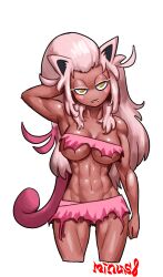 Rule 34 | 1girl, abs, absurdres, animal ears, arm behind head, blush stickers, breasts, creatures (company), cropped legs, fangs, game freak, half-closed eyes, highres, large breasts, looking at viewer, microskirt, minuspal, muscular, muscular female, nintendo, personification, pink hair, pokemon, scream tail, simple background, skirt, solo, torn clothes, underboob, white background, yellow eyes