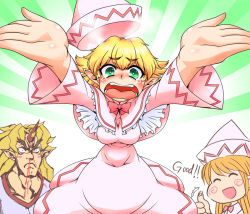 Rule 34 | 3girls, blonde hair, blood, blush, bondo, breasts, cosplay, female focus, green eyes, horns, hoshiguma yuugi, lily white, lily white (cosplay), long hair, man face, medium breasts, mizuhashi parsee, multiple girls, nosebleed, open mouth, pointy ears, pun, short hair, single horn, tears, thumbs up, touhou