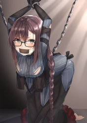 Rule 34 | 1girl, absurdres, anger vein, arm strap, arms up, black dress, black gloves, blush, bound, braid, braided ponytail, breasts, brown hair, center opening, chain, commission, cuffs, dress, elbow gloves, fate/grand order, fate (series), gag, gagged, glasses, gloves, gradient background, grey dress, grey eyes, highres, improvised gag, kneeling, layered dress, leaning forward, light rays, long hair, long sleeves, medium breasts, pixiv commission, restrained, ribbed dress, ribbon-trimmed dress, single braid, solo, tape, tape gag, torn clothes, torn dress, very long hair, yu mei-ren (fate), yu mei-ren (first ascension) (fate), yufou