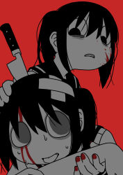 Rule 34 | 2girls, absurdres, bags under eyes, bandaid, bandaid on head, behind another, blood, blood on face, commentary, crossed bandaids, disembodied hand, dual persona, explosion psycho, fang, greyscale, grimace, haguruma hasami (explosion psycho), hair strand, hand on another&#039;s head, hands up, highres, hunched over, imminent bite, knife in head, looking down, monochrome, multiple girls, object through head, original, red background, red nails, sailor collar, school uniform, serafuku, short hair, spot color, tongue, tongue out, twintails, wide-eyed, zombie