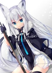 Rule 34 | animal ears, azur lane, black gloves, black jacket, blue eyes, breasts, commentary request, dog ears, dog tail, gloves, hood, hooded jacket, jacket, katana, kawakaze (azur lane), kawakaze (monochromatic interlude) (azur lane), long hair, looking at viewer, nanamomo rio, necktie, shirt, silver hair, simple background, skirt, small breasts, solo, sword, tail, thighhighs, third-party source, very long hair, weapon, white background, white shirt, white skirt