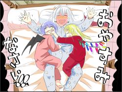 Rule 34 | 3girls, barefoot, bat wings, bed, bed sheet, blonde hair, blue hair, blush, braid, demon wings, drunk, flandre scarlet, floor, from above, full-face blush, full body, hand on another&#039;s face, happy, ikaasi, indoors, izayoi sakuya, lying, multiple girls, on back, open mouth, pajamas, pillow, remilia scarlet, room, short hair, side ponytail, silver hair, sketch, sleeping, so moe i&#039;m gonna die!, touhou, translation request, twin braids, vampire, wings