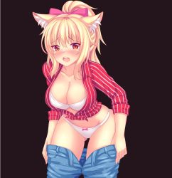 Rule 34 | 1girl, absurdres, animal ear fluff, animal ears, blonde hair, blush, bow, bra, breasts, brown background, cat ears, cleavage, clothes pull, collarbone, commentary, denim, english commentary, gluteal fold, hair between eyes, hair bow, highres, jeans, large breasts, leaning forward, long hair, looking at viewer, nottytiffy, open fly, open mouth, original, panties, pants, pants pull, pink bow, ponytail, red eyes, shirt, slit pupils, solo, striped clothes, striped shirt, tied shirt, tiffy (nottytiffy), underwear, unzipped, white bra, white panties