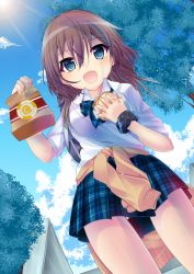 Rule 34 | 1girl, :d, bad id, bad pixiv id, bag, blue eyes, bow, brown hair, clothes around waist, day, fang, food, from below, burger, haruta (806060), open mouth, original, paper bag, plaid, plaid skirt, school uniform, short hair, skirt, sky, smile, solo, sweater, sweater around waist