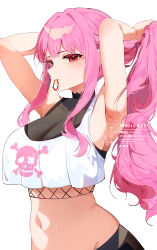 Rule 34 | 1girl, absurdres, breasts, cleavage, hair tie in mouth, highres, hololive, hololive english, large breasts, long hair, looking at viewer, mori calliope, mori calliope (1st costume), mori calliope (streetwear), mouth hold, navel, pink hair, red eyes, see-through, see-through cleavage, solo, tying hair, virtual youtuber, weiic