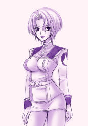 Rule 34 | 1990s (style), 1girl, belt, breasts, cowboy shot, grin, hair between eyes, lipstick, long sleeves, looking at viewer, macross, macross 7, makeup, mika mikan, military, military uniform, miniskirt, mole, mole under mouth, monochrome, parted bangs, pencil skirt, retro artstyle, sally ford, short hair, simple background, sketch, skirt, sleeve cuffs, smile, solo, standing, turtleneck, u.n. spacy, uniform