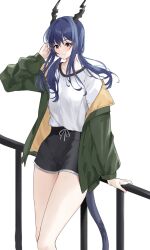 Rule 34 | 1girl, adjusting hair, against railing, alternate costume, arknights, arm behind back, black shorts, blue hair, blush, casual, ch&#039;en (arknights), dragon girl, dragon horns, dragon tail, green jacket, hair between eyes, hand to head, hand on own face, hand up, highres, hip focus, horns, jacket, leaning back, legs together, lily0428, long hair, looking at viewer, off shoulder, open clothes, open jacket, railing, red eyes, shirt, short shorts, shorts, solo, standing, tail, thighs, wavy mouth, white shirt