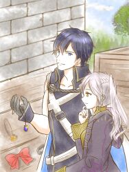 Rule 34 | 1boy, 1girl, artist request, blue eyes, blue hair, breasts, brown eyes, chrom (fire emblem), clenched hand, collarbone, day, eyelashes, finger to mouth, fingernails, fire emblem, fire emblem awakening, fire emblem heroes, from side, gloves, hair between eyes, hand up, height difference, highres, hood, hooded coat, intelligent systems, jewelry, long hair, long sleeves, looking at another, matching hair/eyes, medium breasts, neck, necklace, nintendo, outdoors, parted bangs, parted lips, profile, ribbon, robin (female) (fire emblem), robin (fire emblem), shirt, short hair, sidelocks, sky, sleeveless, sleeveless shirt, smile, toned, toned male, tree, twintails, white hair