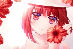 Rule 34 | 1girl, arima kana, bare shoulders, bob cut, closed mouth, collarbone, flower, gradient background, grey background, hand up, hat, head tilt, holding, holding flower, looking at viewer, open hand, oshi no ko, portrait, red eyes, red flower, red hair, short hair, slacky y, smile, solo, twitter username, white background, white hat