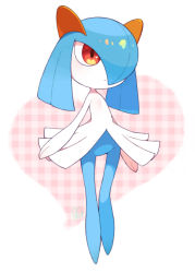 Rule 34 | 1girl, alternate color, artist name, blue hair, blue skin, blush, child, closed mouth, colored skin, creatures (company), dot mouth, expressionless, female focus, flat chest, full body, game freak, gen 3 pokemon, hair over one eye, heart, heart background, heart in eye, kirlia, light blush, medium hair, moyori, multicolored skin, nintendo, pink background, pokemon, pokemon (creature), red eyes, shiny pokemon, signature, simple background, solo, standing, symbol in eye, thigh gap, two-tone background, two-tone skin, white skin