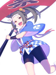 Rule 34 | 1girl, :d, ahoge, bell, bike shorts, bra, breasts, dutch angle, enkyo yuuichirou, feet out of frame, female focus, flag, grey hair, hair bell, hair between eyes, hair ornament, haori, headband, highres, hisho collection, holding, holding flag, japanese clothes, jingle bell, looking at viewer, medium breasts, open mouth, red eyes, sash, short sleeves, simple background, smile, socks, solo, standing, tassel, underwear, white background, white socks, wide sleeves, wristband