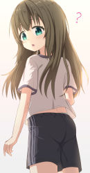 Rule 34 | 1girl, ?, ass, black shorts, blue panties, blush, brown background, brown hair, commentary request, from behind, green eyes, gym shirt, gym shorts, gym uniform, highres, long hair, looking at viewer, looking back, open mouth, original, panties, panties under shorts, pantyshot, shirt, short shorts, shorts, simple background, solo, takasuma hiro, underwear, very long hair, white shirt