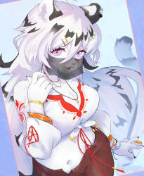 1girl ahoge animal_ear_piercing animal_ears breasts brown_shorts cleavage colored_skin commentary_request cowboy_shot crop_top earrings furry furry_female grey_hair hair_between_eyes hair_ornament hairclip hannah_(mahjong_soul) jewelry large_breasts long_bangs long_hair looking_at_viewer mahjong mahjong_soul mahjong_tile midriff mouth_veil navel open_fly open_mouth pink_eyes shirt shorts single_earring smile solo tail tiger_ears tiger_girl tiger_tail tsutamine_tomori veil very_long_hair white_hair white_shirt white_skin